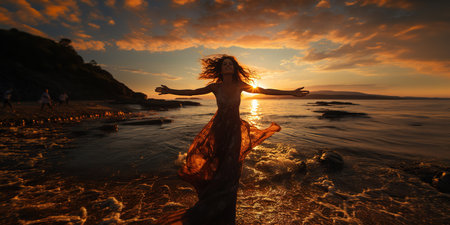 A beautiful woman dances gracefully on the beach by the sea on a summer day, her movements fluid and effortless, embodying the essence of joy and freedom. AI Generative AIの素材