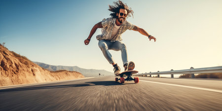 A happy and sporty man rides his longboard with a wide smile on his face, effortlessly gliding through the streets, embracing the thrill and freedom of the ride. AI Generative AIの素材