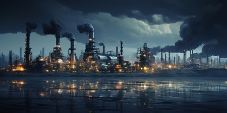 A massive factory with billowing smokestacks stands against the backdrop of a sunset sky, a powerful symbol of industrial might and human ingenuity. AI Generative AIの素材