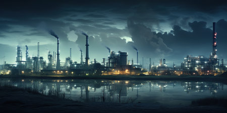 A massive factory with billowing smokestacks stands against the backdrop of a sunset sky, a powerful symbol of industrial might and human ingenuity. AI Generative AIの素材