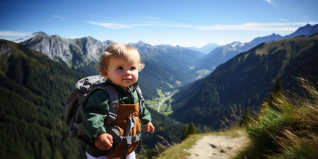 baby wearing a backpack in the mountains, which may symbolize the idea of adventure, exploration, or outdoor activities with a young child. AI Generative AIの素材