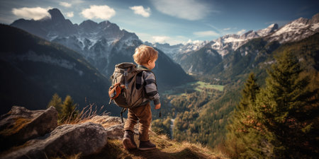 baby wearing a backpack in the mountains, which may symbolize the idea of adventure, exploration, or outdoor activities with a young child. AI Generative AIの素材