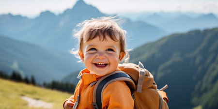 baby wearing a backpack in the mountains, which may symbolize the idea of adventure, exploration, or outdoor activities with a young child. AI Generative AIの素材