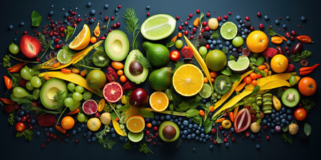 A vibrant and colorful fruit background, featuring an assortment of delicious and juicy fruits, creating a visually appetizing and refreshing composition. Generative AIの素材