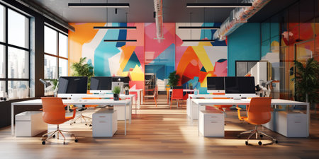 In a colorful office, desks and chairs are neatly arranged, but there is nobody in sight. The vibrant atmosphere awaits the hustle and bustle of a busy workday. Generative AIの素材