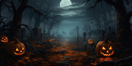 Pumpkins with spooky halloween background. AI Generative AIの素材