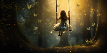 A little girl joyfully swings on a swing set in a magical forest, surrounded by shimmering trees and whimsical creatures, immersed in a world of enchantment and wonder. AI Generative AIの素材