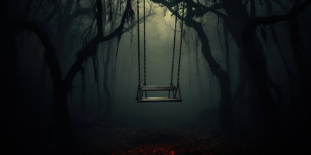 An empty swing sways in the eerie, dark forest, casting a haunting presence amidst the shadows. AI Generative AIの素材