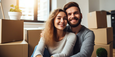A young, happy family in their new empty apartment, cherishing the joy of a successful move and anticipating wonderful memories to fill the space. generative AIの素材