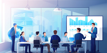 Business professionals engaged in a presentation for sales report or financial analysis in an office setting, showcasing their coaching, teaching, and leadership skills. Generative AIの素材