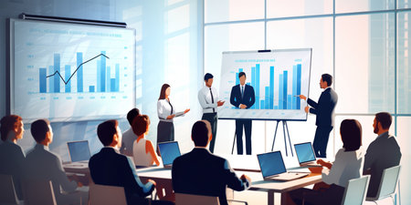 Business professionals engaged in a presentation for sales report or financial analysis in an office setting, showcasing their coaching, teaching, and leadership skills. Generative AIの素材