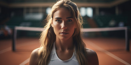 A determined female tennis player, with unwavering focus and skill, fiercely competing on the court and striving for victory. Generative AIの素材