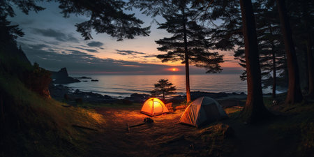 An adventurous forest camping experience on the serene sea coast, where natures beauty and tranquility embrace the soul. Generative AIの素材