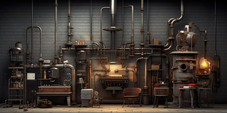 A workshop at the factory filled with various steampunk-style mechanisms and pipes, showcasing a fusion of retro-futuristic aesthetics and industrial charm. Generative AIの素材