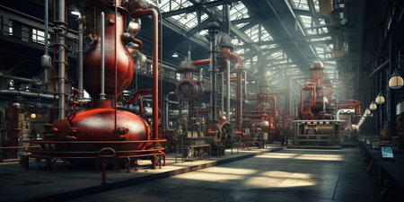 A workshop at the factory filled with various steampunk-style mechanisms and pipes, showcasing a fusion of retro-futuristic aesthetics and industrial charm. Generative AIの素材