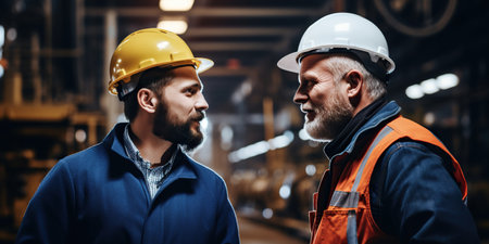 A manager and a steelworker engaged in a conversation, their eyes looking away as they discuss plans and strategies amidst the bustling factory environment. Generative AIの素材