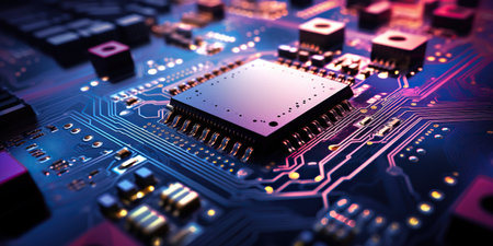 An intricate microelectronic motherboard processor background, showcasing the complexity and sophistication of modern technology. Generative AIの素材