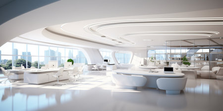 A creative office space adorned with pristine white walls, fostering an environment that inspires innovation and imagination. generative AIの素材