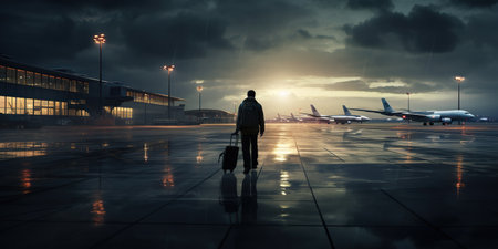 A person is heading towards the aircraft at the airport, ready to begin their journey. AI Generative AIの素材