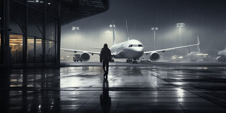 A person is heading towards the aircraft at the airport, ready to begin their journey. Generative AIの素材