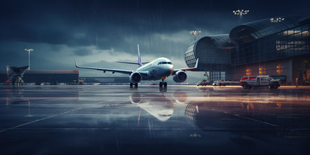 Airport where an aircraft stands poised on the tarmac, ready to embark on its journey, patiently awaiting the passengers who will soon fill its seats and bring life to its anticipation. Generative AIの素材