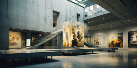 In a contemporary art gallery, an exhibition unfolds with captivating artworks adorning the walls. The space is devoid of people, allowing the art to speak for itself. Generative AIの素材