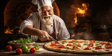 A cheerful chef has prepared a large Italian pizza, filled with flavors and joy. Generative AIの素材