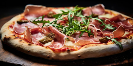 A mouthwatering close-up view of a scrumptious pizza, featuring a perfectly baked crust, melted cheese, and a variety of flavorful toppings that promise a delightful culinary experience. AI Generativeの素材