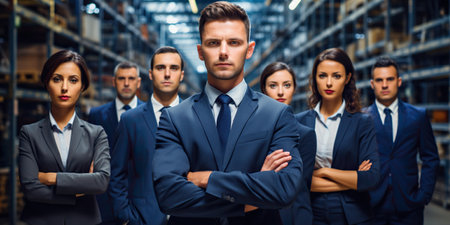 Unified team of managers and workers at a modern factory, showcasing collaboration and dedication. AI Generative AIの素材