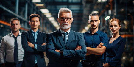 Unified team of managers and workers at a modern factory, showcasing collaboration and dedication. AI Generative AIの素材