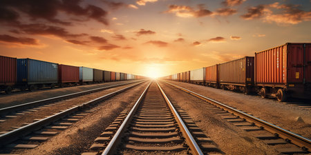 railway track with a string of container trains, highlighting the importance of rail transport in the movement of goods and commerce across vast distances. AI Generative AIの写真素材