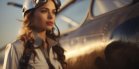 A female pilot stands by a small aircraft, exuding a romantic retro style, evoking a sense of timeless adventure and empowerment. AI Generative AIの素材