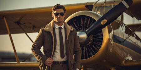 A pilot stands by a small aircraft, emanating a romantic retro style, creating a timeless image of aviation's golden era. AI Generative AIの素材