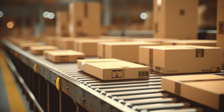 closeup of multiple cardboard box packages seamlessly moving along a conveyor belt in a bustling warehouse fulfillment center, showcasing the essence of e-commerce, delivery, automation, and a wide range of products. AI Generative AIの素材