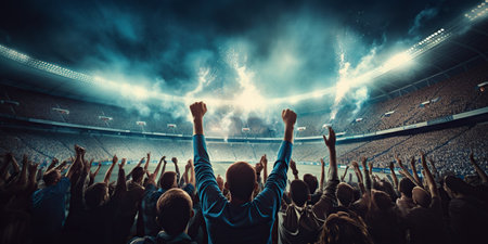 In a soccer stadium, lights illuminate the exuberant scene as fans cheer passionately, creating an electrifying atmosphere of excitement. AI Generative AI