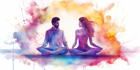 tranquil Couple Meditation background, exploring chakras, prana, the mind of God, and spirituality through a beautiful watercolor illustration. AI Generative AIの素材