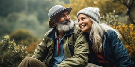 A happy older couple explores nature, savoring the beauty of the outdoors and creating cherished memories together. AI Generative AIの素材
