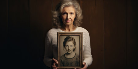 A senior white woman holds up a vintage photo of herself when she was younger, reminiscing about cherished memories and the passage of time. AI Generative AIの素材