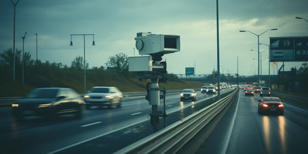 Cameras and speed control radars along a busy highway monitor and record speeding violations. AI Generative AIの素材