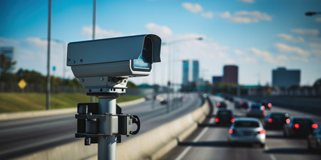 Cameras and speed control radars along a busy highway monitor and record speeding violations. AI Generative AIの素材