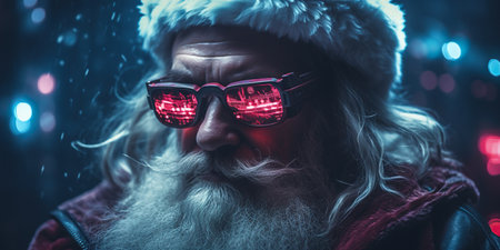 Cyberpunk-style Santa Claus dark and clad in stylized leather clothing with post-apocalyptic accessories. AI Generative AIの素材