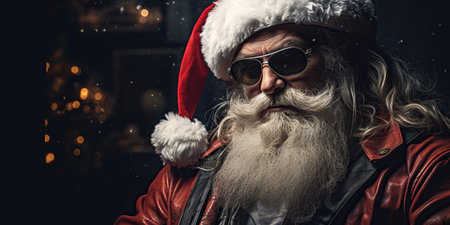 Cyberpunk-style Santa Claus dark and clad in stylized leather clothing with post-apocalyptic accessories. AI Generative AIの素材