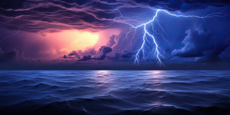 Rain, lightning, and thunderstorm at sea during dusk a captivating and impressive spectacle of nature, merging into a magical harmony. AI Generative AIの素材