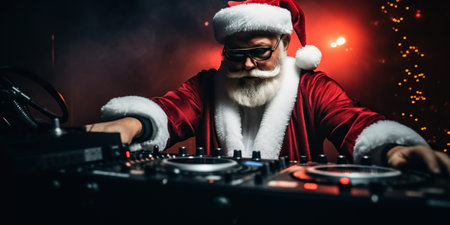 Santa Claus at the DJ console creating a magical atmosphere on the dance floor, blending festive tunes with holiday vibes. AI Generative AIの素材