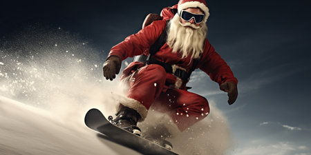 Santa Claus is snowboarding down the snowy slopes, bringing joy and gifts to the magical world of Christmas. AI Generative AIの素材