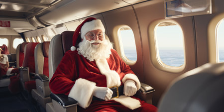 Santa Claus is flying on a plane delivering joy and gifts to children all around the world. AI Generative AIの素材