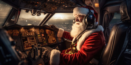 Santa Claus in the airplane cockpit he embarks on a round-the-world journey to bring festive gifts to children. AI Generative AIの素材