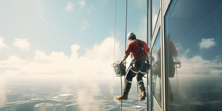 An industrial climber hangs at heights, skillfully and safely performing complex tasks on buildings and structures. AI Generative AIの素材