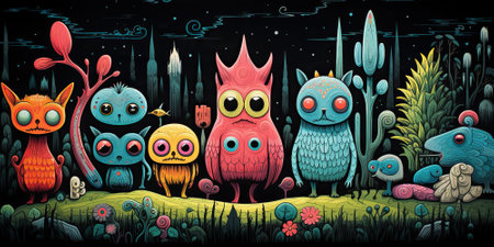Vivid depiction of surreal creatures at the park, captured in doodle art style, adding playfulness...