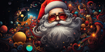 Colorful doodle art of Santa Claus fills the air with holiday joy and fun, transporting us to a...